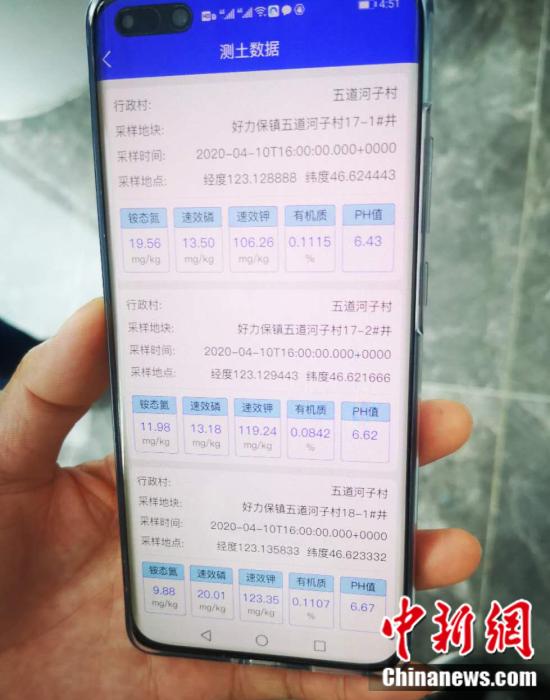 3图为测出来的土壤成分含量，通过手机就能实时查看。 郎朗 摄